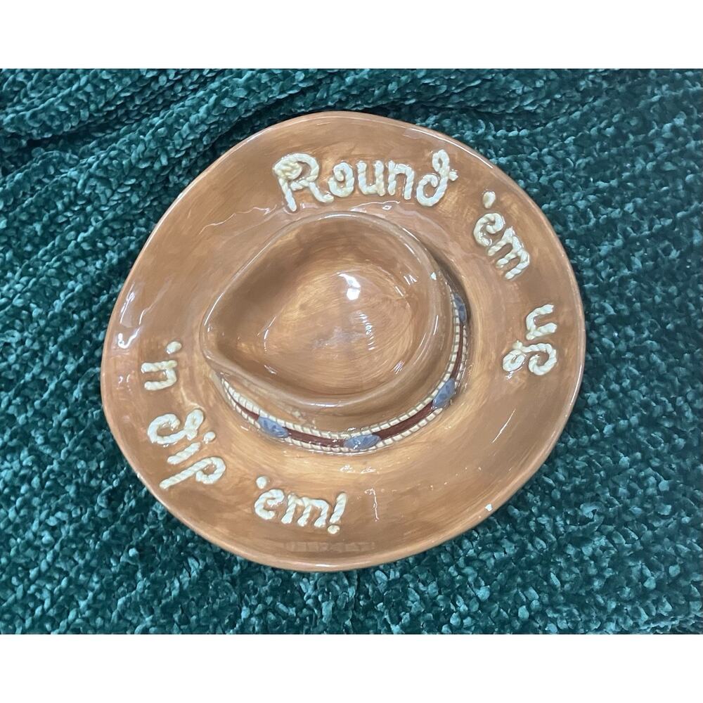 Vintage COWBOY HAT Serving Tray Lasso Rope Round 'EM UP 'N DIP Chip Tray Platter